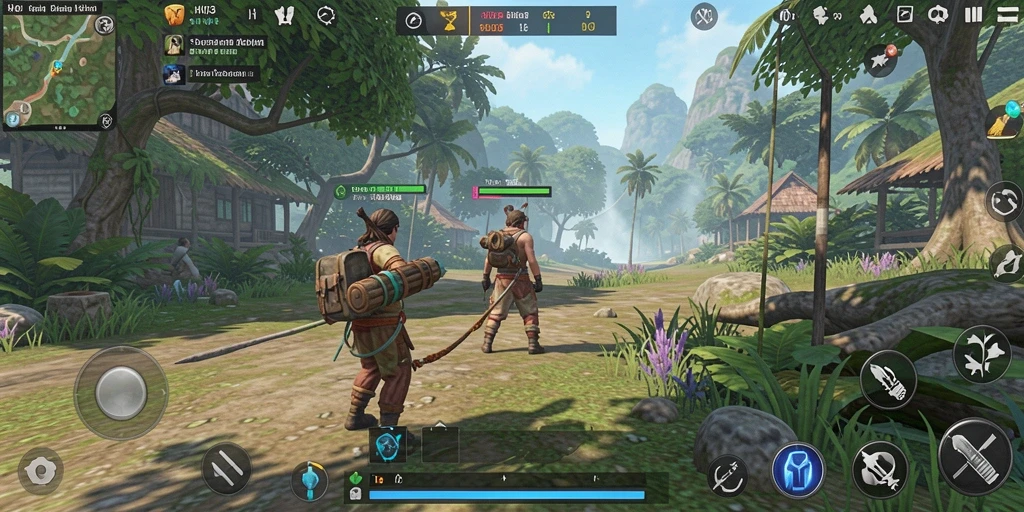 Screenshot gameplay H03 menunjukkan karakter dan rumah yang menarik.
