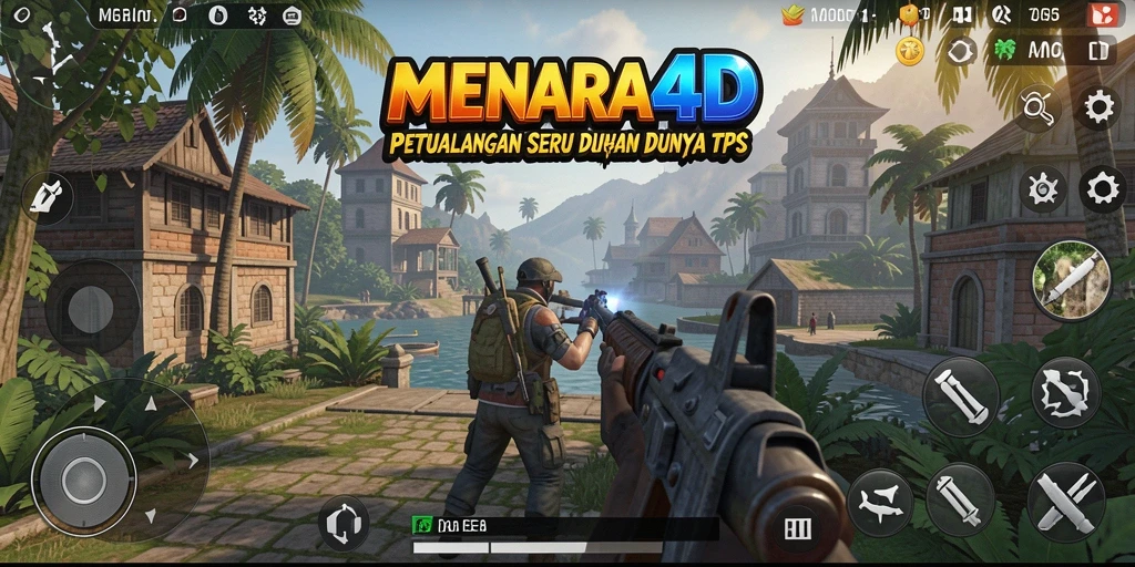 Screenshot utama MENARA4D menampilkan aksi seru dalam game TPS.
